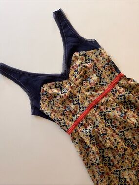 Like New Navy and Orange Mini Dress Abstract Western Boho Mesh Trim Size 0 Artsy